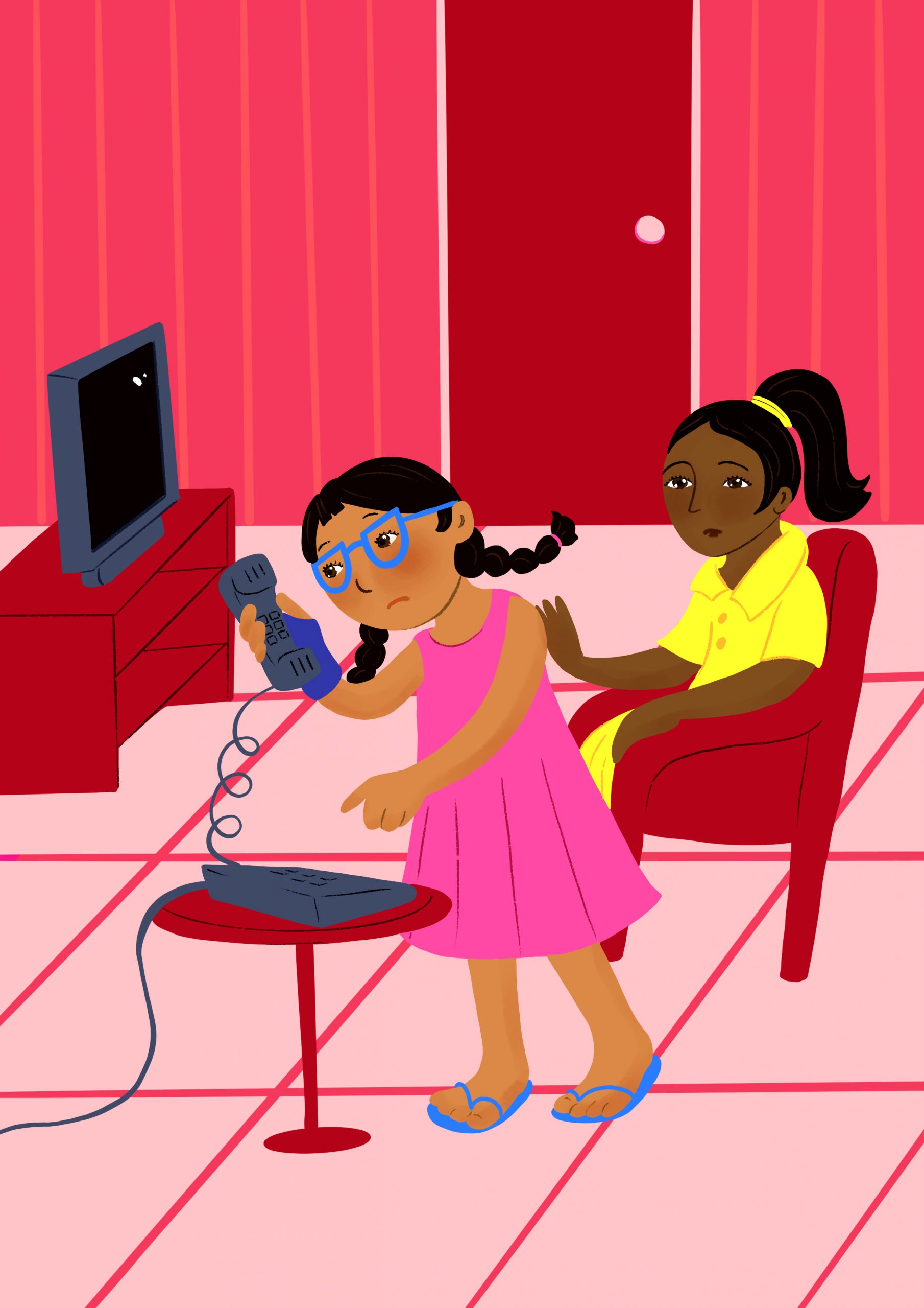 A girl holding a phone receiver